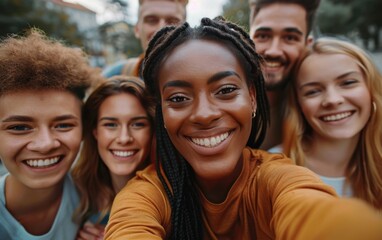 Fototapeta premium A group of friends, including a Black woman with braids, stand close together and smile at the camera
