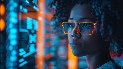 In a high-tech control room, an African American female IT expert evaluates AI cyber security threats on a holographic display. The vibrant blue and orange colors emphasize the advanced technology.