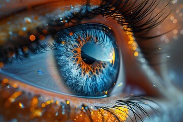 Macro Shot of a Beautiful Human Eye with Reflective Blue and Orange Tones, Surrounded by Sparkling Glitter and Long Eyelashesblue eye