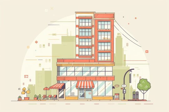 Flat marketing creative of 1 small store and next to it 1 tall enterprise building