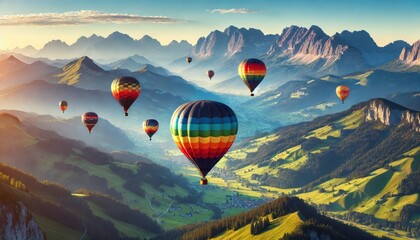 Obraz premium Hot Air Balloons Over Majestic Mountain Range at Sunrise.