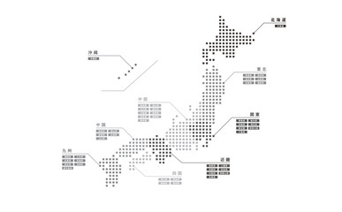 シンプルでかっこいい白黒の日本地図_グレーの四角いドットで表現された都道府県のモノトーンデザイン