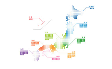 Obraz premium かわいいシンプルなカラフルな四角とドットの日本地図_都道府県と地方がひと目でわかるイラスト