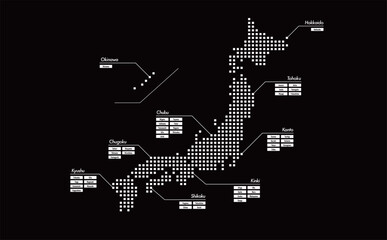 モノトーンでかっこいい四角いドットで表現する日本地図_都道府県と地方が一目でわかるシンプルな白黒イラスト素材_英語モノクロ