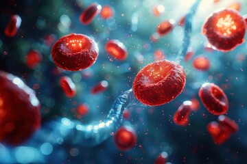 Microscopic view of floating red blood cells with a focus on cellular structure and DNA strands amidst vibrant blue backgroundRed blood cells