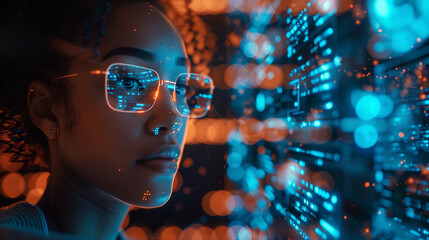 In a high-tech control room, an African American female IT expert evaluates AI cyber security threats on a holographic display. The vibrant blue and orange colors emphasize the advanced technology.