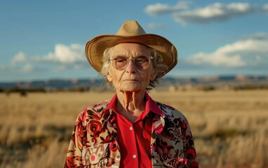 A senior woman with gray hair wears a straw hat and glasses as she stands in an outback field