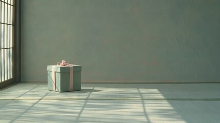   Present box sits in center of room, near window with curtain on opposite side