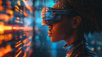 In a high-tech control room, an African American female IT expert evaluates AI cyber security threats on a holographic display. The vibrant blue and orange colors emphasize the advanced technology.