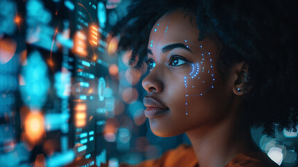 In a high-tech control room, an African American female IT expert evaluates AI cyber security threats on a holographic display. The vibrant blue and orange colors emphasize the advanced technology.