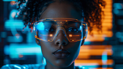In a high-tech control room, an African American female IT expert evaluates AI cyber security threats on a holographic display. The vibrant blue and orange colors emphasize the advanced technology.