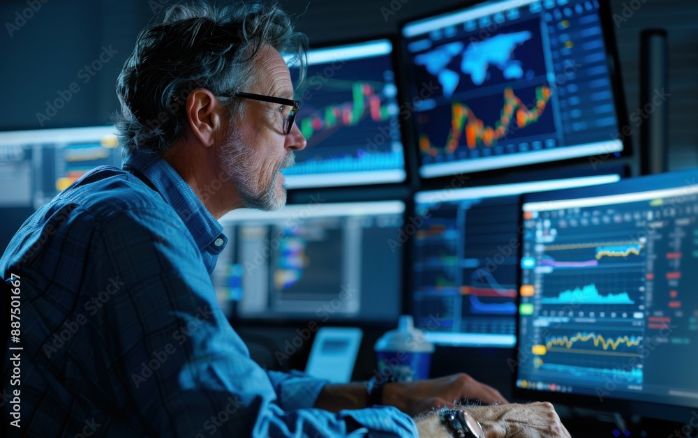 Poster A financial analyst sits at a desk in a dimly lit office, intently studying data displayed on multiple computer monitors
