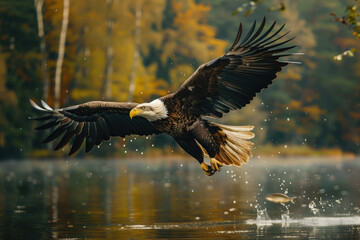 The moment when the bald eagle catches fish in the river
