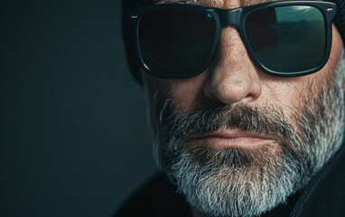 A close-up portrait of a man's face. He is wearing dark sunglasses and has a beard