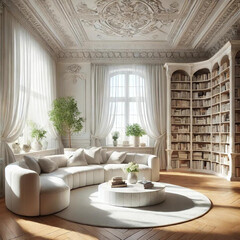 Elegant Sunlit Living Room with Cozy Ambiance and Bookshelf.