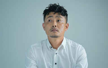 Obraz premium A man with a serious expression is wearing a white shirt. He is looking upwards, seemingly in thought