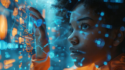 In a high-tech control room, an African American female IT expert evaluates AI cyber security threats on a holographic display. The vibrant blue and orange colors emphasize the advanced technology.