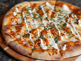 24 Pizza with buffalo chicken and ranch drizzle spherical perspective zesty