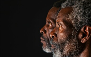 Obraz premium Three generations of Black men, side profile, against a dark background