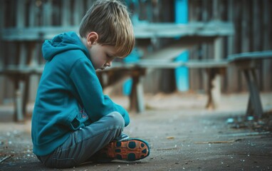 A young boy sits alone on a playground, his head bowed and tears streaming down his face. He is wearing a blue hooded sweatshirt and blue pants, with his knees pulled up to his chest