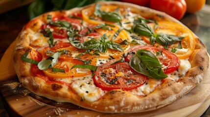 25 Pizza with heirloom tomatoes and basil spherical perspective garden-fresh