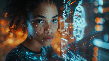 In a high-tech control room, an African American female IT expert evaluates AI cyber security threats on a holographic display. The vibrant blue and orange colors emphasize the advanced technology.