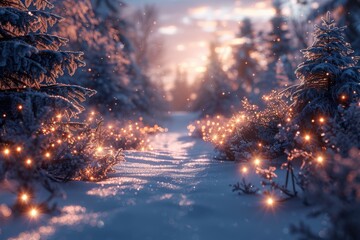 Enchanting Winter Wonderland with Snow-Covered Trees and Twinkling Fairy Lights at Dawn Capturing Serene Beauty and MagicWinter