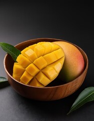  mango in a bowl on a black background, top view, copy space