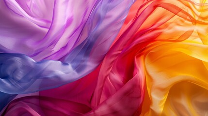 Obraz premium A close-up of a swirling, colorful fabric, with tones of purple, blue, red, and yellow. The sheer material creates a captivating display of light and texture