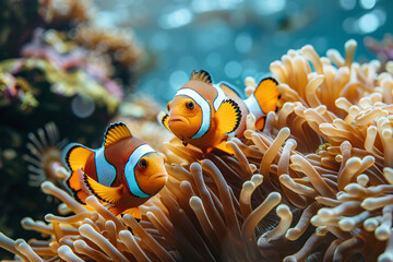 A pair of clown fish in an anemone, highly detailed, sharp focus, beautiful, professional color grading