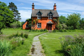 Fototapeta premium Orange house cottage on a green lawn with a path leading to the house on the background of clear sunny sky