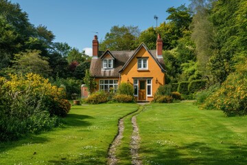 Obraz premium Orange house cottage on a green lawn with a path leading to the house on the background of clear sunny sky