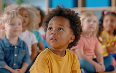A diverse group of toddlers sit in a classroom, looking attentively up and to the left. The child in the center is wearing a yellow shirt