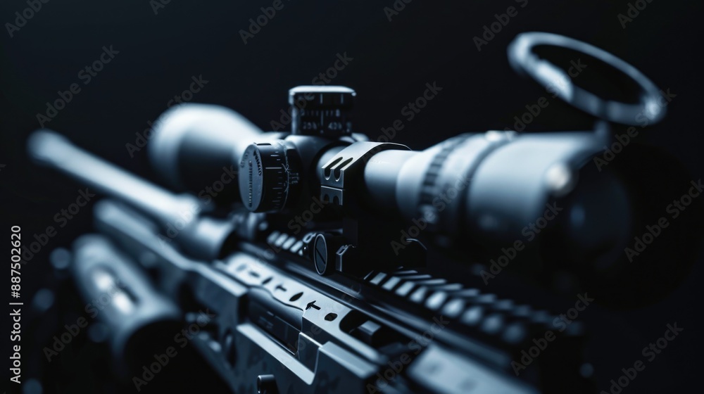 Poster close-up shot of a rifle featuring a scope