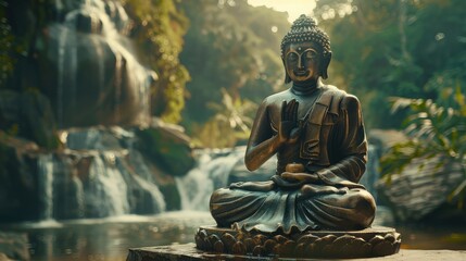 Meditative Buddha statue amidst a lush green jungle and cascading waterfall