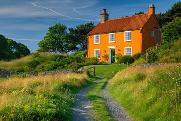 Orange house cottage on a green lawn with a path leading to the house on the background of clear sunny sky © As Sidiq