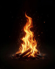 Fototapeta premium Bonfire with vibrant flames rising from burning wood, isolated in dark background,
