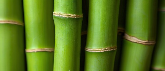 Fototapeta premium A photo of tightly-packed green bamboo stalks, featuring knots at their ends