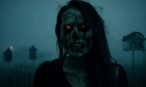 A woman with a skull painted on her face stands in a dark, gloomy forest. Scene is eerie and unsettling, as the woman's appearance and the setting create a sense of foreboding