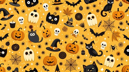 Vector seamless pattern for Halloween. Seamless background with Halloween elements jack-o-lantern, black cat, ghosts, raven, bats, witch’s hat, skull and spider