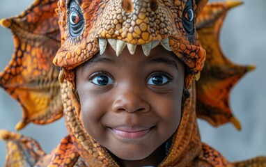 A young Black child wearing a dinosaur costume smiles at the camera. The child's eyes are wide open and their expression is happy