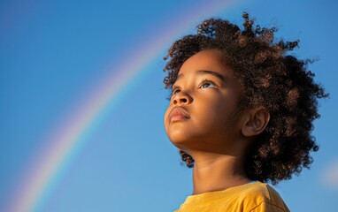 A young black child with curly hair looks up at a rainbow in the blue sky