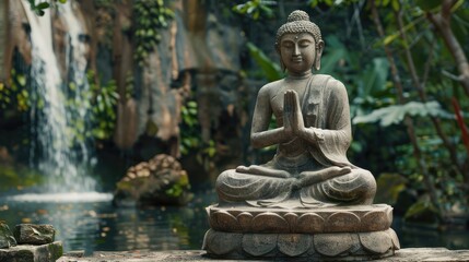 Fototapeta premium Ancient stone Buddha statue in a lush green rainforest with a waterfall