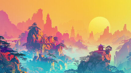 Fototapeta premium Description: Hand-drawn illustration of sunset in a mountain forest