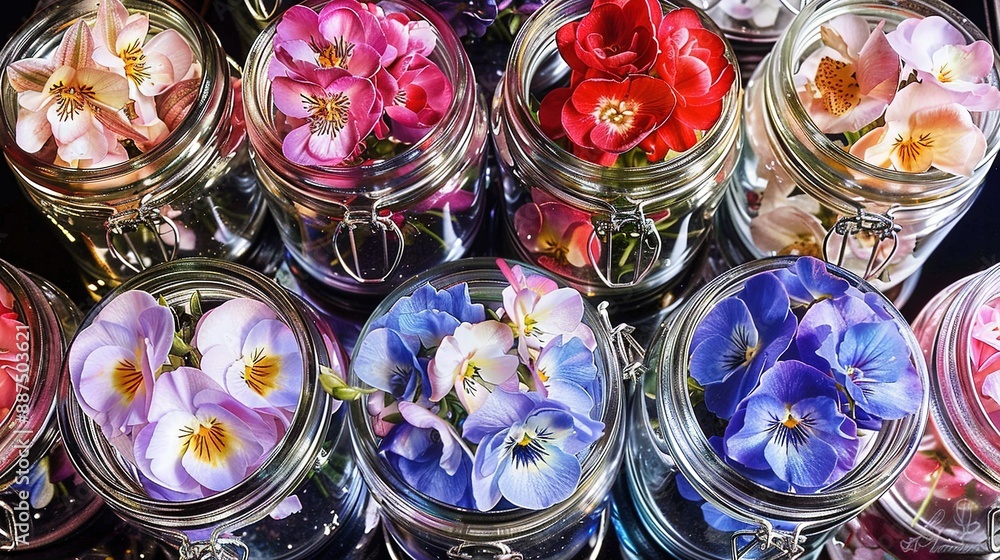 Poster a zoomed-in photo of several flowers in a jar on a table surrounded by other blooms in the backgroun