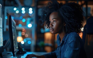 A young Black woman with curly hair is sitting at a desk in front of a computer, working on a project. She is focused on her work and appears to be in a state of deep concentration