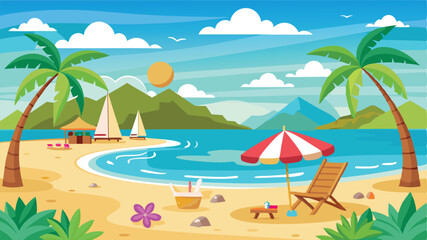 beach vector landscave. Summer Vacation Loungers On Sea Beach Landscape Beautiful Seascape