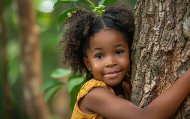 A young black girl with curly hair, wearing a yellow dress, smiles while hugging a tree in a lush green forest