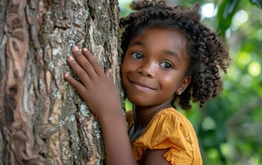 A young girl with curly hair and a yellow shirt smiles while hugging a tree in a forest