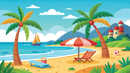 beach vector landscave. Summer Vacation Loungers On Sea Beach Landscape Beautiful Seascape